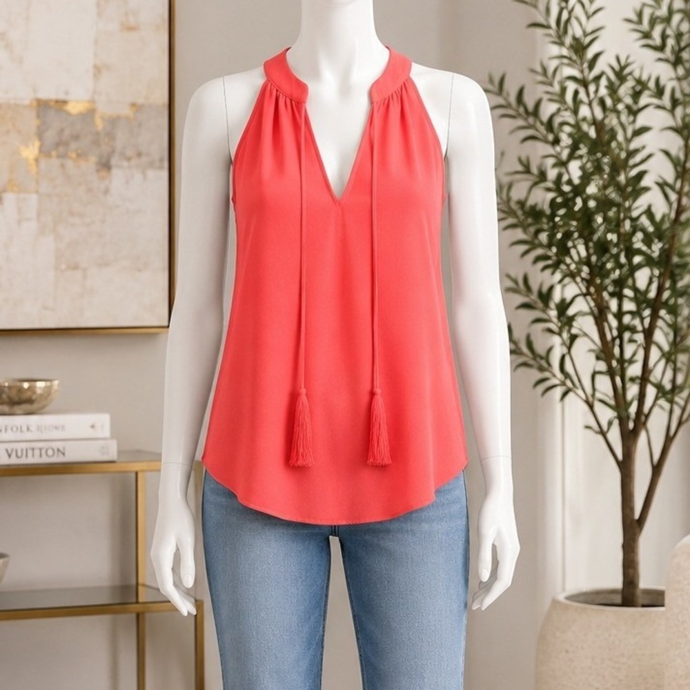 Cooper & Ella Womens Blouse Coral Halter Tassel Sleeveless Top XS